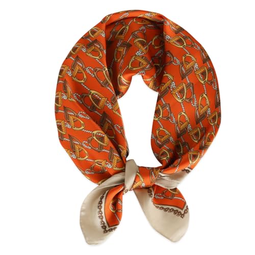 Relang Fashion Silk Satin Head Scarf for Women Hair Bandana Hair Scarf Wrap Neck Scarf for Women 27.5×27.5 inches Orange Retro Horseshoe Buckle