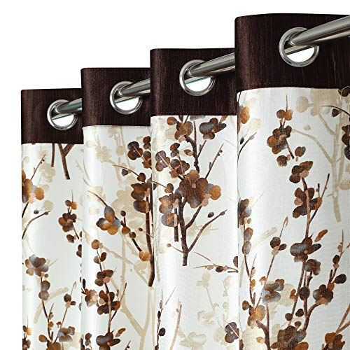 Image of 5 Feet Polyester Floral Light Filtering Window Curtains for Bedroom, Living Room & Hall, Eyelet Top, Coffee Print & Solid Plain Curtain Set of 3