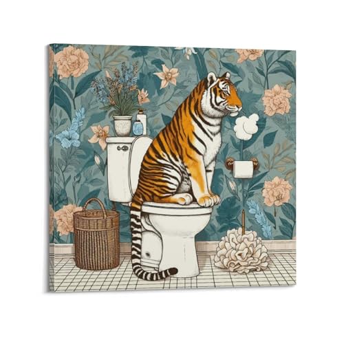 Poster tigre assis sur les toilettes pour égayer un mur vide de toilettes