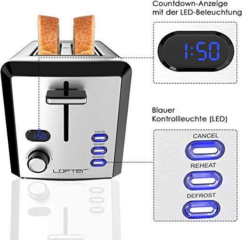 Toaster 2 Scheiben LOFTER Edelstahl Toaster mit LED Countdown Anzeige, Breit Schlitz, 6 Bräunungsstufen, Brotzentrierung… – Bild 3