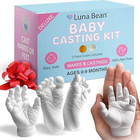 Luna Bean Deluxe Baby Keepsake Hand Casting Kit - Hand Casting Kit for Infant Hand & Foot - Baby Casting Kit for First Birthday, Newborn Gifts - Includes Gold and Pearl Paint. Cover
