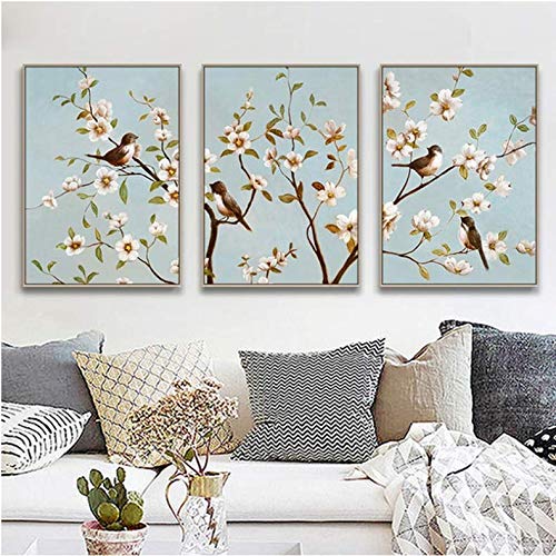 Toile peinture branches oiseaux fleurs sans cadre pour decoration de salon 50x70cm