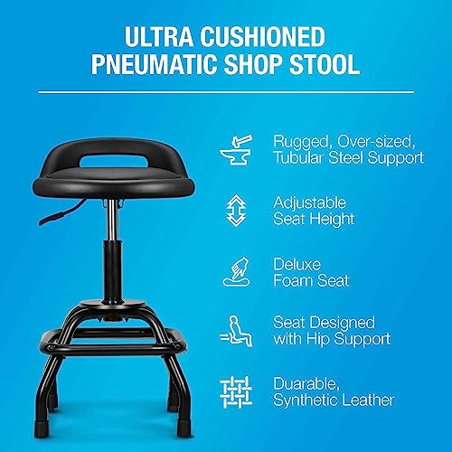 Image of Type S Shop Stool with Backrest - Adjustable Garage & Workshop Stool, 360 Swivel with Footrest, Padded Seat & Lumbar Support, Heavy-Duty Steel Frame, 22-28 inch Height