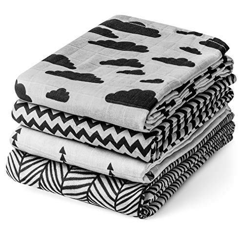 Muslin Swaddle Blankets – Soft Pure Cotton Muslin Blankets – 4 Pack Of Breathable Swaddle Blankets – Unisex Baby Swaddle Blanket In Grey Black Designs – Multi Use Muslin Blankets – 47 X 47 Inches #TOP2