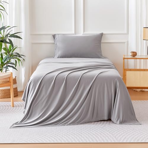 Image of Amazon Basics Jersey Knit 3-Piece Sheet Set, Wrinkle Free and Easy Fit, Includes 16 inch Deep Pocket Fitted Sheet, 1 Flat Sheet and 1 Pillowcase, Twin, Gray