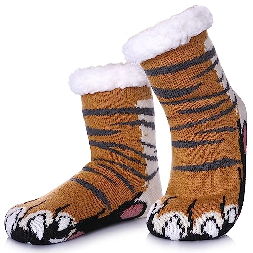 TRUEHAN Kids Girls Boys Slipper Socks Soft Thick Cozy Fuzzy Animal Anti-Slip Winter Thermal Christmas Socks Indoor, Yellow Striped Claw, 8-12 Years