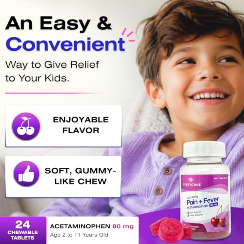Image of FirstCare Children's Pain Reliever & Fever Reducer, Gummy-Like Soft Chewable Tablets, Easy-to-Take Acetaminophen 80 mg for Kids Ages 2-11, Cherry Flavor, 24 Count