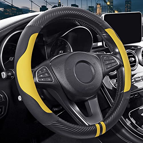 Pariitadin Car Steering Wheel Cover Universal 14.5-15 Inch, Non-Slip Microfiber Leather Automotive Car Wheel Cover, Carbon Black/Yellow #TOP14