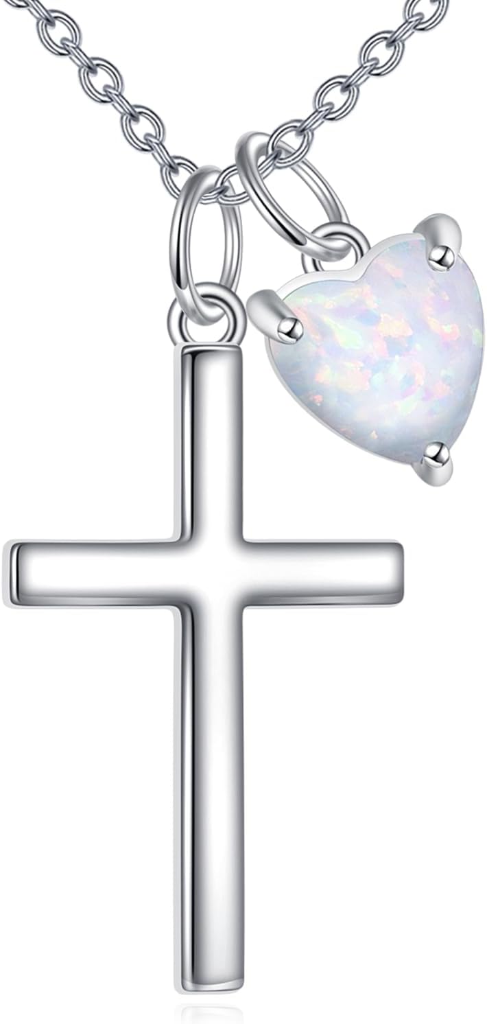 LUHE Cross Necklace for Women Sterling Silver Cross Pendant Necklace Opal Jewelry Religious Jewelry Christian Gifts