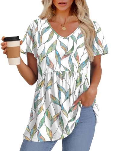 Image of OFEEFAN Womens Summer Tops Babydoll Short Sleeve Shirts Puff Sleeve Peplum Tops V Neck T Shirts