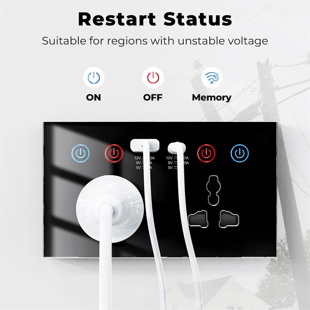 Diagram illustrating the Restart Status options: ON, OFF, and Memory, suitable for regions with unstable voltage, showing how the smart socket can resume its previous state after a power interruption.