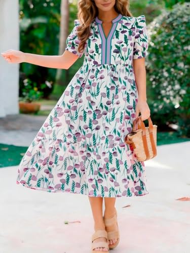 WGIXB Womens Boho Floral Dresses Summer Casual V Neck Puff Sleeve Long Dress Ruffle Tiered Swing Beach Sundress Purple — view 3