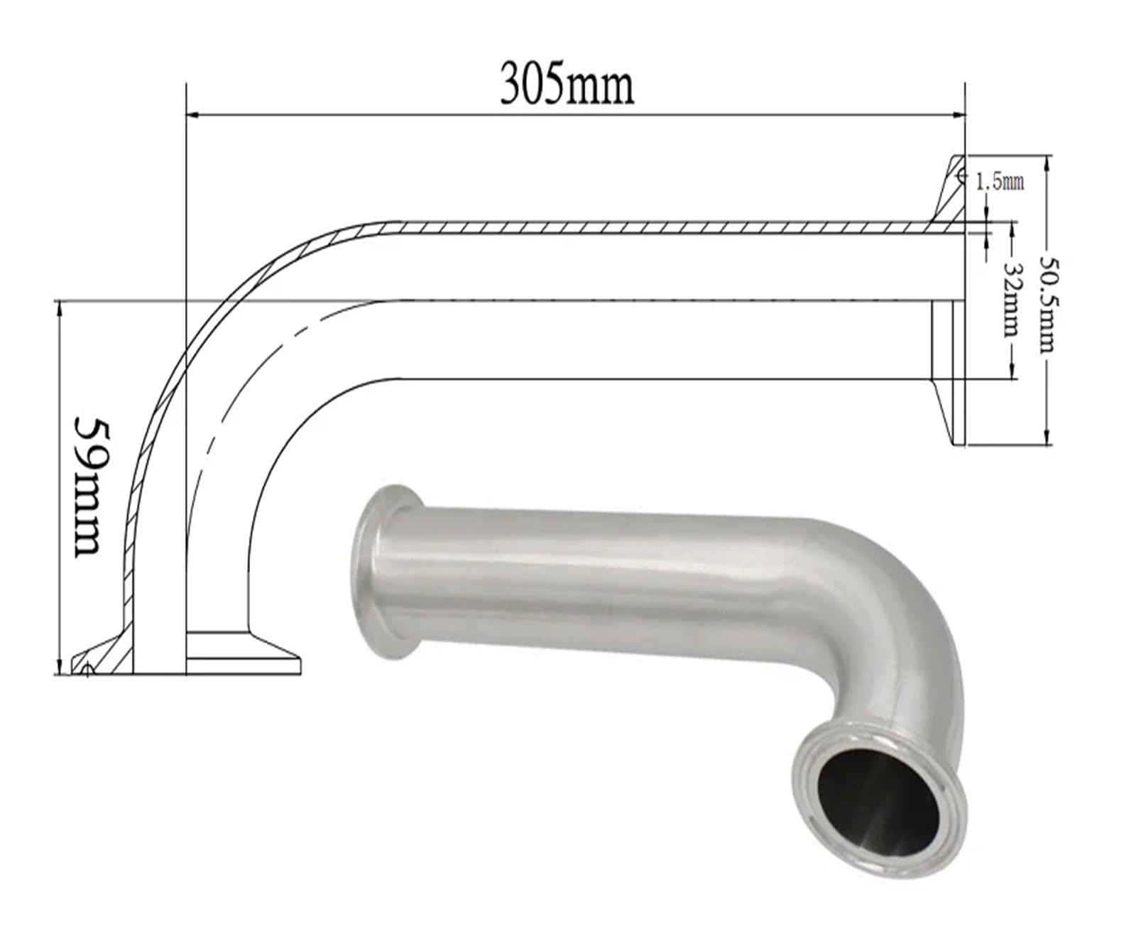 6" 8" 10" 12" 18" Length x 25 32 38 51mm 1.5" 2" Tri Clamp Spool Tube Elbow SUS304 316L Stainless Pipe Fitting(32K50.5-305,316)