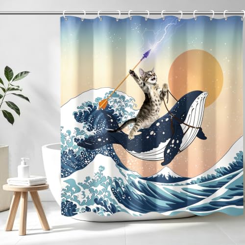 Image of Aimego Long Funny Shower Curtain - Cute Cat Riding Whale Holding Trident in Ocean Wave, Shark Cat Fabric Cloth Fun Bath Shower Curtain Set with 12 Hooks for Bathroom Decor Bathtub Curtain, 72 inchx78 inch