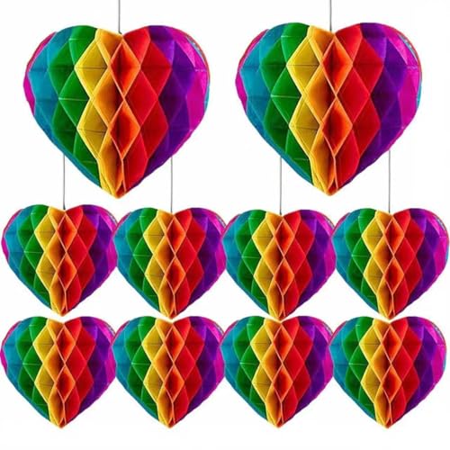 10 Pcs Rainbow Party Decorations Love Heart Paper Honeycomb Balls Hanging Pride Decorations Pride Pom Supplies for LGBT Party Celebration Wedding Decorations