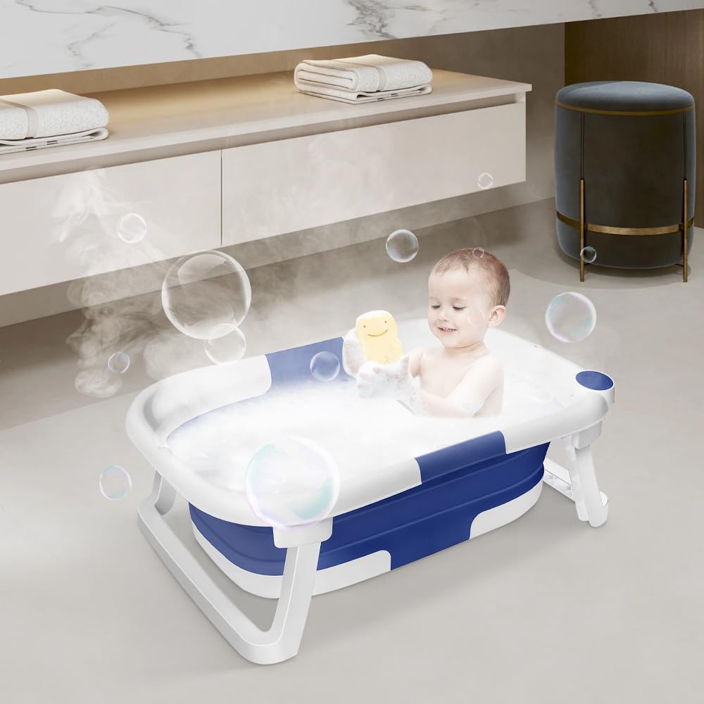 Bañera de bebé plegable, portátil para bebés como artículo esencial para recién nacidos y niños pequeños, para 0-24 meses, set de cuidado del bebé para recién nacidos (azul)