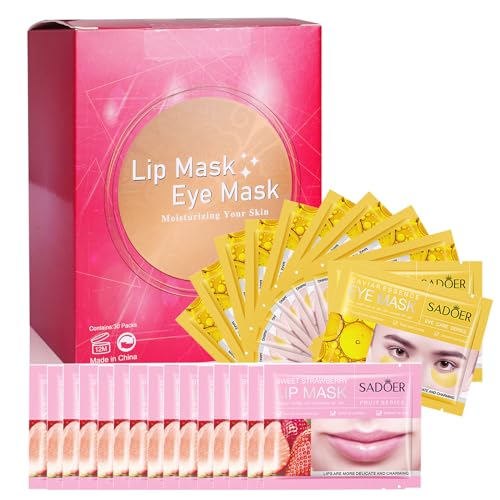 30 almohadillas para mascarilla de ojos y labios, mascarilla hidratante de caviar dorado para debajo de los ojos, mascarilla de fresa para labios, parches antienvejecimiento de cristal para ojos,