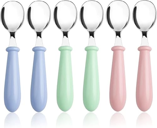 Pimoys 6 Pieces Toddler Spoons Baby Spoons for Self-Feeding, Stainless Steel Kids Spoons with Round Handle Metal Toddler Utensils Children's Silverware Set BPA Free, Dishwasher Safe