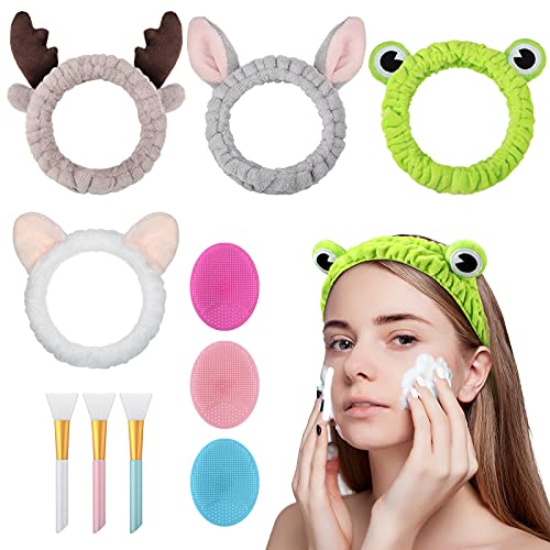 4 Pieces Spa Headband Frog Hair Band Cute Animal Ears Shower Hair Band, 3 Pieces Silicone Face Cleansers, 3 Pieces Brushes for Spa Yoga Makeup Running Washing Face