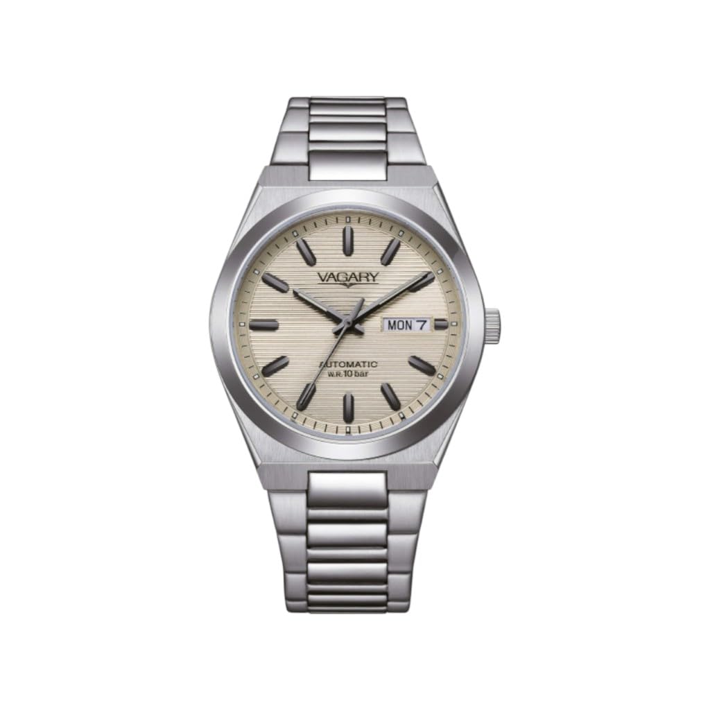 Citizen Vagary by Orologio Uomo Automatico G.Matic 101 IX3-611-11 | Cassa in Acciaio 38mm | Quadrante Avorio (Ivory) a Righe con Day-Date | Meccanica a Vista | Subacqueo 10 ATM
