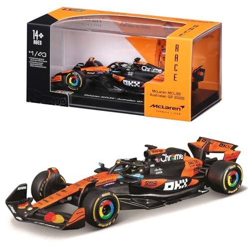 Bburago – McLaren F1 MCL39 2025#81 Piastri, Diecast-Modellauto 1:43 mit Vitrine und Sockel, detaillierte F1-McLaren-Replik, offiziell lizenziert, empfohlenes Alter 14+ Jahre