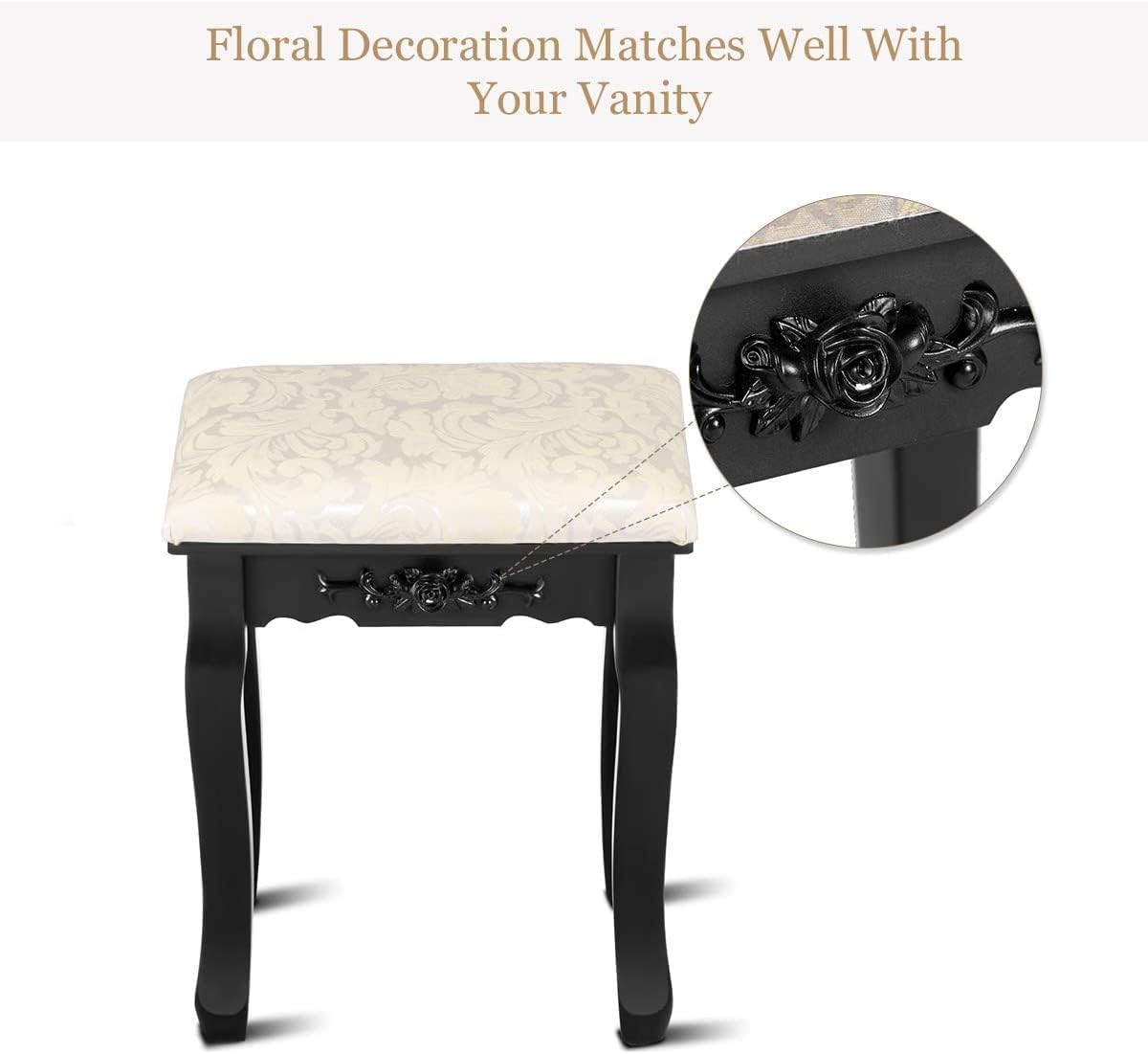 Hysache Makeup Bench, Large Vanity Stool with Soft Piano Seat, Solid Wood Legs, Delicate Carving, Retro Wave Foot Floor Pad, 250lb Capacity for Home, Bedroom, Bathroom (Black) (HW66053)