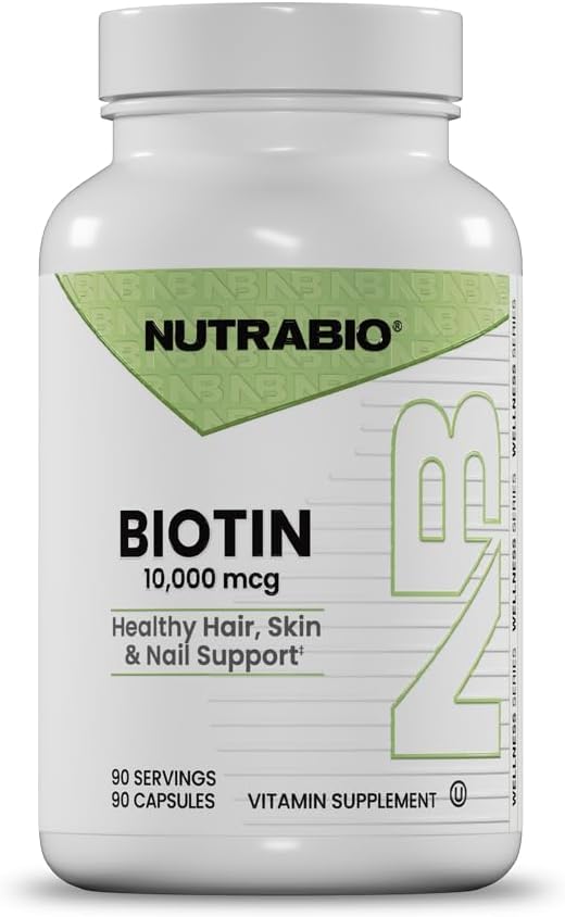 NutraBio Biotin 10000mcg- Biotin for Hair Growth and Stronger Nails, Improved Skin Health- 90 Vegetable Capsules
