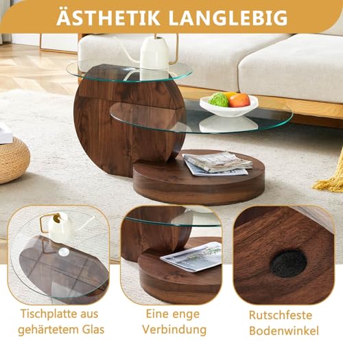 Table basse ronde noyer & verre 2 niveaux EURHCIO
