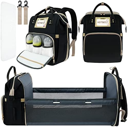 HOTBEST Baby Diaper Backpack, Insulated Bottle Warmer Newborn Registry for Baby Shower Gifts, Portable Nappy Bags for Girls Boys, Multifunction Travel Stuff Maternity New Mom Gifts for Women, Black