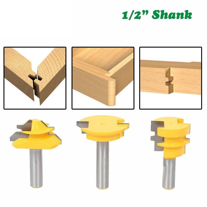 Juego de brocas for enrutador de espiga, vástago de 12mm y 1/2 ", moldura de cajón, broca de inglete de bloqueo de 45 grados, junta de pegamento, Fresa de madera, 3 uds.(12mm shank)