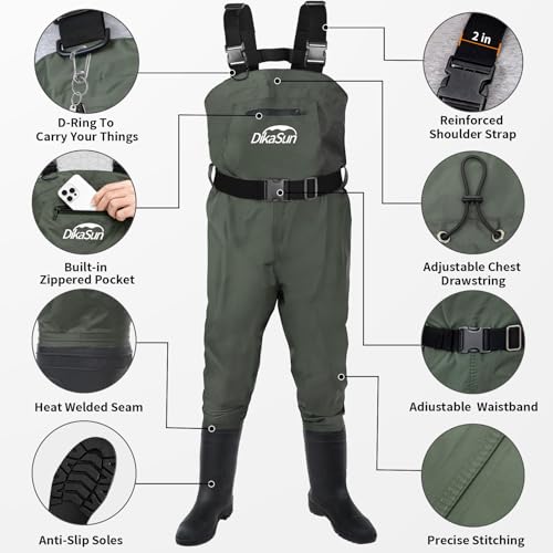 Image of Fishing Waders for Men & Women, Waterproof 2-Ply Nylon /PVC Chest Wader with Boots for Outdoor Sizes 4-13 Bootfoot