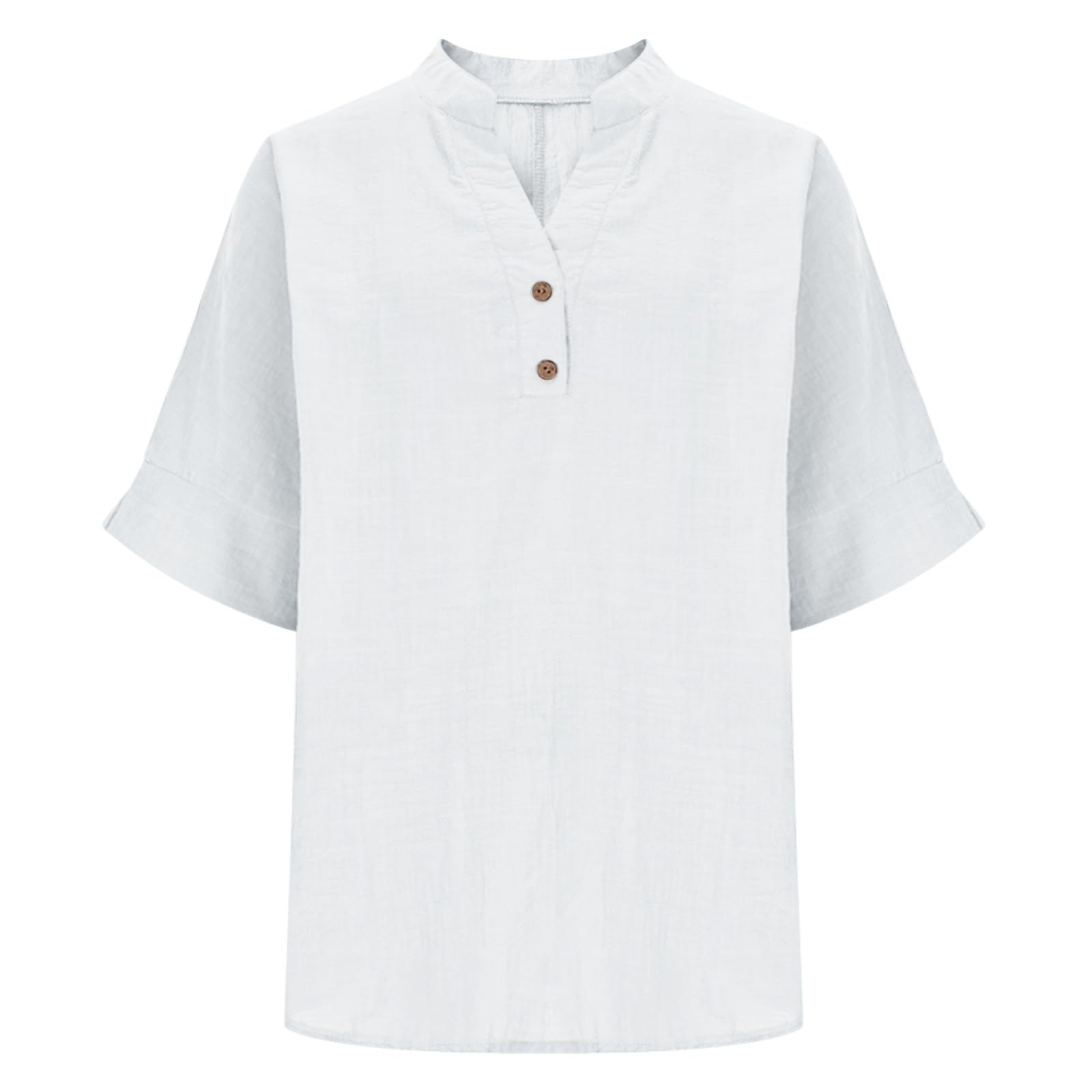 Chemise Femme Coton Et Lin Chemises Lin Manches 3/4 Col V Boutonné Top Henley Chemise Couleur Uni Lâche Respirant T-Shirts Tunique Femmes Chic Et Elegant Léger Blouse Grande Taille
