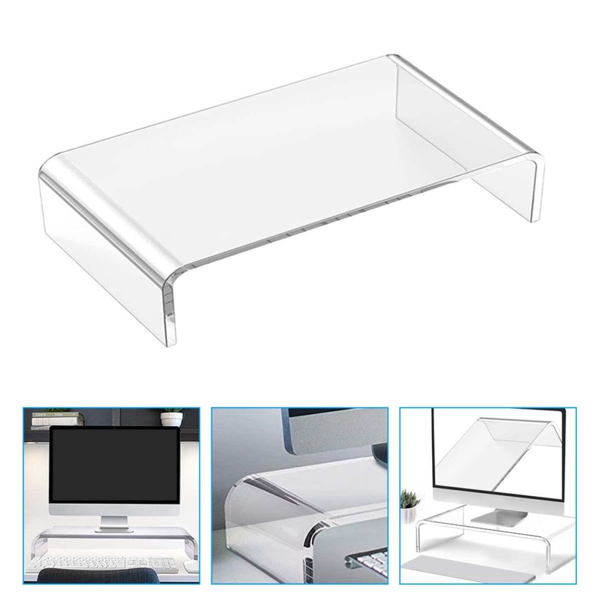 MERRYHAPY Supporto Contemporanea in Trasparente Acrilico Rialzata Base per Monitor Migliorare Efficienza Lavorativa e Organizzare Scrivania Ufficio