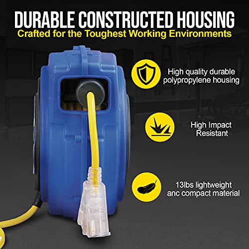 Goodyear Extension Cord Reel Extra Long 40 Ft 14Awg 3C Sjtow, Triple Tap Connector, Heavy Duty, Slow Retraction Stop At Any Point #TOP5