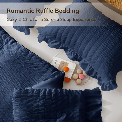 JOLLYVOGUE Navy Blue Comforter Full Size, 3 Pieces Seersucker Lightweight Full Size Bedding, All Season Fluffy Microfiber Bedding Comforter Set with 1 Ruffle Comforter and 2 Ruffle Pillowshams
