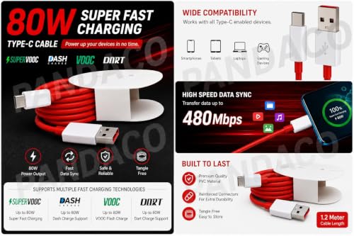 Image of 80W Super VOOC Fast Charger with USB-C Cable, Charging Adapter and Cable Set, USB-C Compatible with White Charger with Red Cable