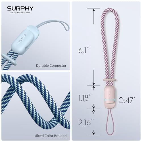 Image of SURPHY 2 Pack Phone Lanyard, Phone Wrist Strap for Case, Camera Wrist Strap | Ultra-Light 2-Color Braided Phone Strap, Cellphone Charm Strap, Anti-Lost Wrist Lanyard for Women and Men, Pink Cloud Blue