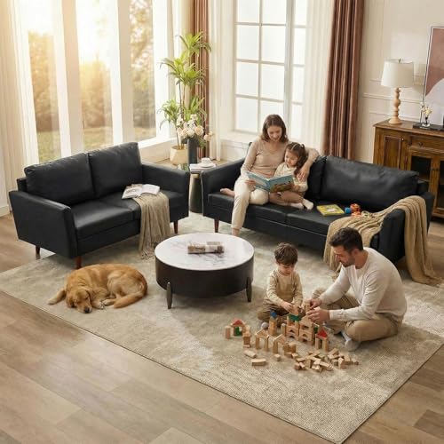 Image of Kingfun 80 inch Faux Leather Sofa Couch, Mid Century Modern Leather Couch with Rolled Arms and Deep Seats, Brown Leather Sofa for Living Room, 3-Seater Couch for Apartment, Office and Bedroom, Black