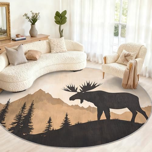 Image of GKPLY Moose Round Rugs, Mountain Silhouette Rugs for kitchen, Woodland Wildlife Circular Rug for Dining Room, Washable Rug Non Slip Decor Carpet 5ft