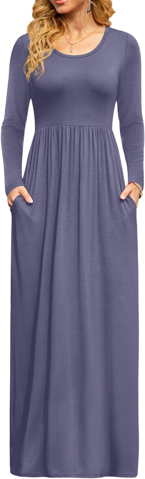 DB MOONWomen Casual Long Sleeve Maxi Dresses Empire Waist Long Dress with Pockets