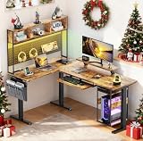 Flycity Electric L Shaped Standing Desk Adjustable Height, 67' x 47' Corner Computer Desk with Host Shelf, Gaming Desk with LED Lights & Power Outlet, Dual Motor Home Office Desk with Storage, Brown