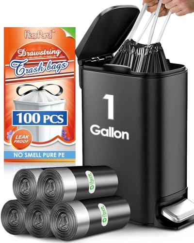 1 Gallon (fit 3-4 Liter) 100 Counts Mini Strong Drawstring Trash Bags Garbage Bags by RayPard, Small Trash Can Bags, Tiny Waste Basket Liners for Home Office Bathroom Bedroom Car, Black