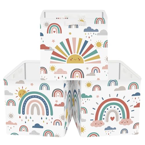 HUUMONSS Boîtes de Rangement Lot de 3 Arc-en-ciel Paniers de Rangement Cube Soleil Nuage Enfant Pliables Coffre à Jouets pour Étagères Livres, Boho