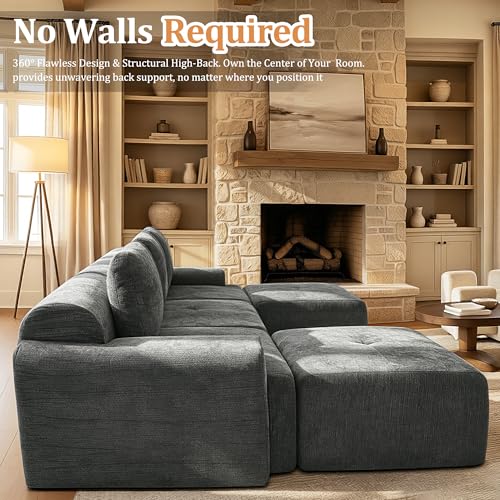 Image of 159 inch L-Shaped Modular Sectional Sofa, Oversized Boneless Cloud Couch for Living Room with Extra Deep Seat & High Back, Tool-Free No Assembly, Soft Chenille (Dark Grey, 159 inch-L Shaped（4+1）)