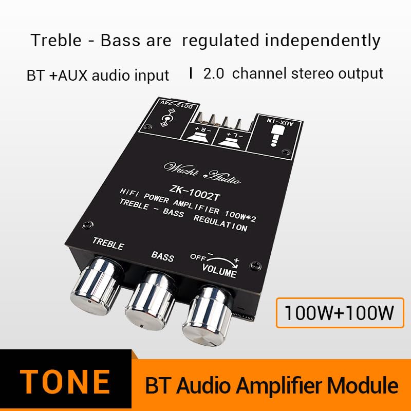ZK-1002T 100W+100W Bluetooth Amplifier Board, 2.0 Channel Bluetooth 5.0 Subwoofer Audio AMP with Treble and Bass Control, DC12-24V, BT and AUX Inputs, TPA3116D2 Chip Stereo AMP Board for DIY Speakers