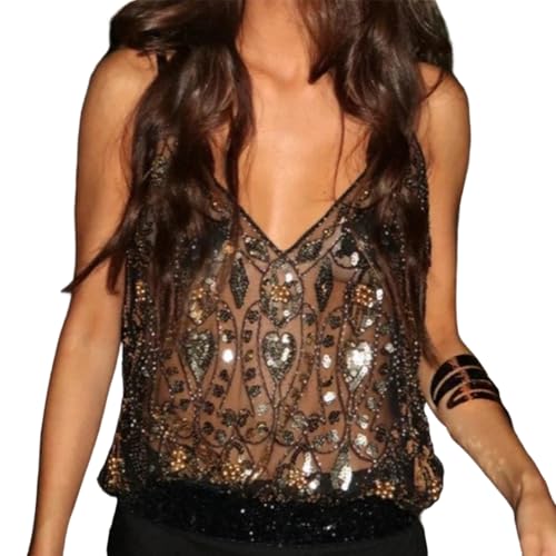 Chemisier à paillettes col en V top sans manches soirée et maille transparente