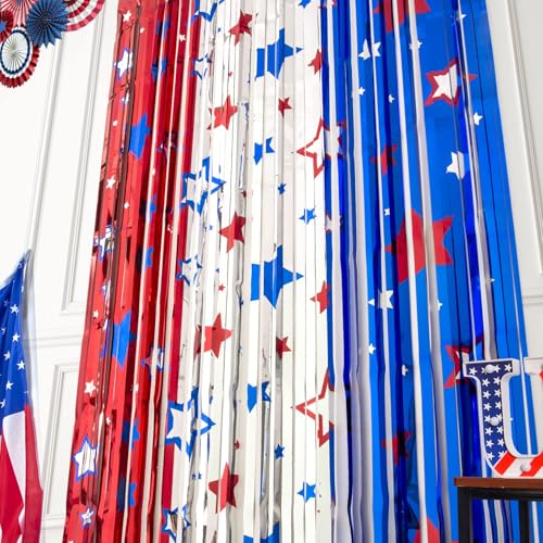 Image of LOLStar 4th of July Decorations, 3 Pack Red White Blue Backdrop Decorations | 3.3x6.6ft Star Pattern Tinsel Foil Fringe Curtains, Photo Booth Props Backdrop for Memorial Day, Patriotic, USA Party Decor