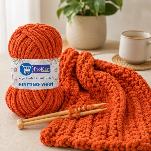 Image of ProKart Premium Blankie Wool, Plush & Cuddly, Blanket Thick /Mottu Yarn Ball Suitable for Hand Knitting, Adult, Sweaters, caps, Throws, Scarves, Blankets (Carrot, 100gms x 1 Pack)