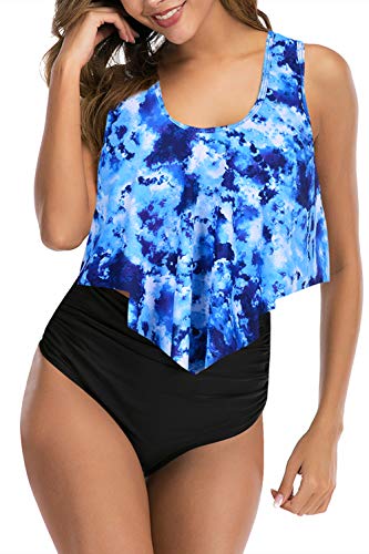 Image of Women High Waisted Bikini Swimsuit Flounce Vintage 2 Piece Bathing Suits | Vintage,tummy control,two piece bathing suits,plus size,swimwear,ruffled,tankini top,bikini bottom