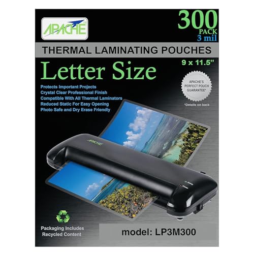 Apache Laminating Pouches 3 mil, for 8.5 x 11 inch Letter Size Paper, 9 x 11.5 inch Sheets, 300 Pack, Office and School Supplies, Thermal Laminator, Super Clear Sheets, 300-Pack, 3mil, Letter Sized